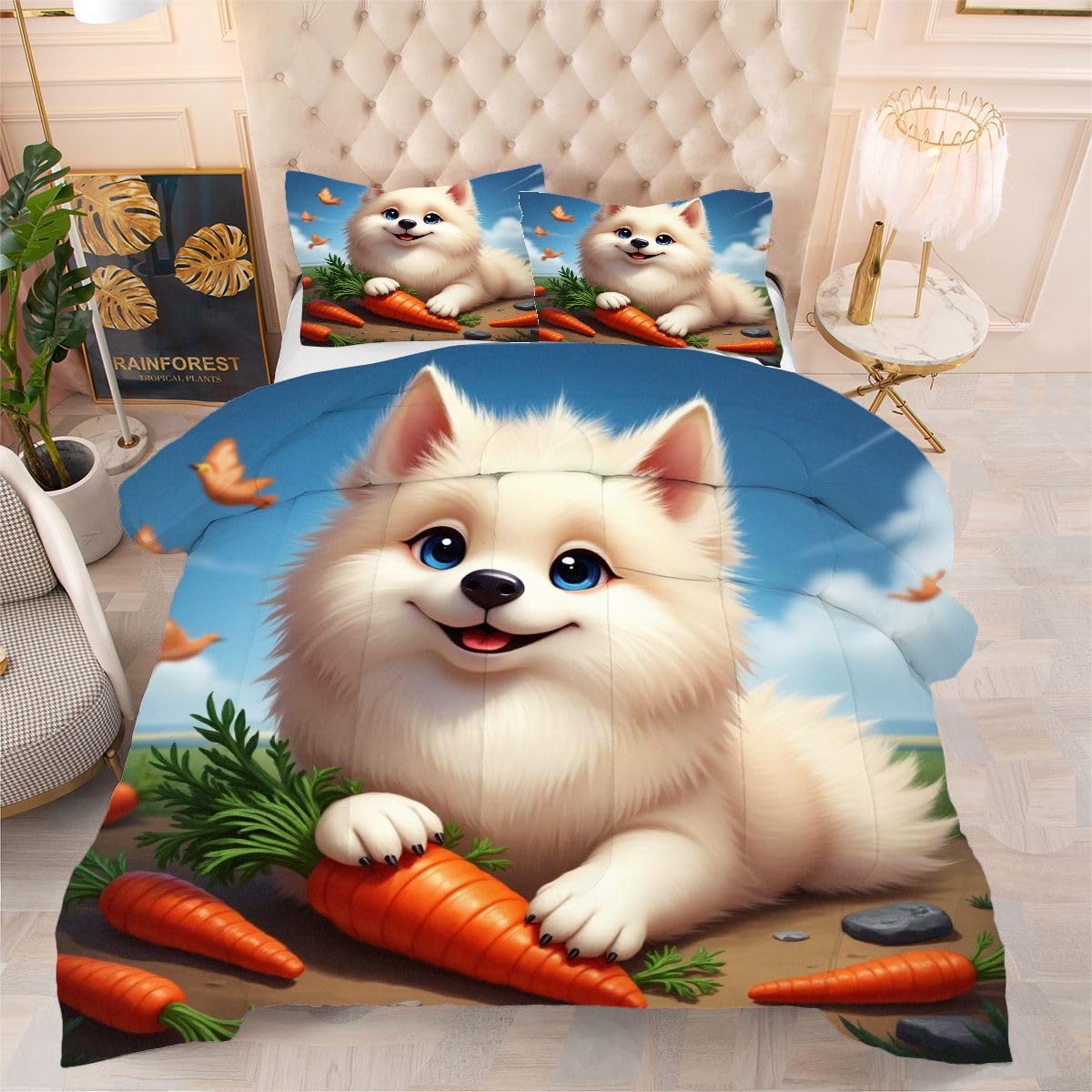 Couette 240 x 260 cm avec motif chien blanc pour chambre cocooning