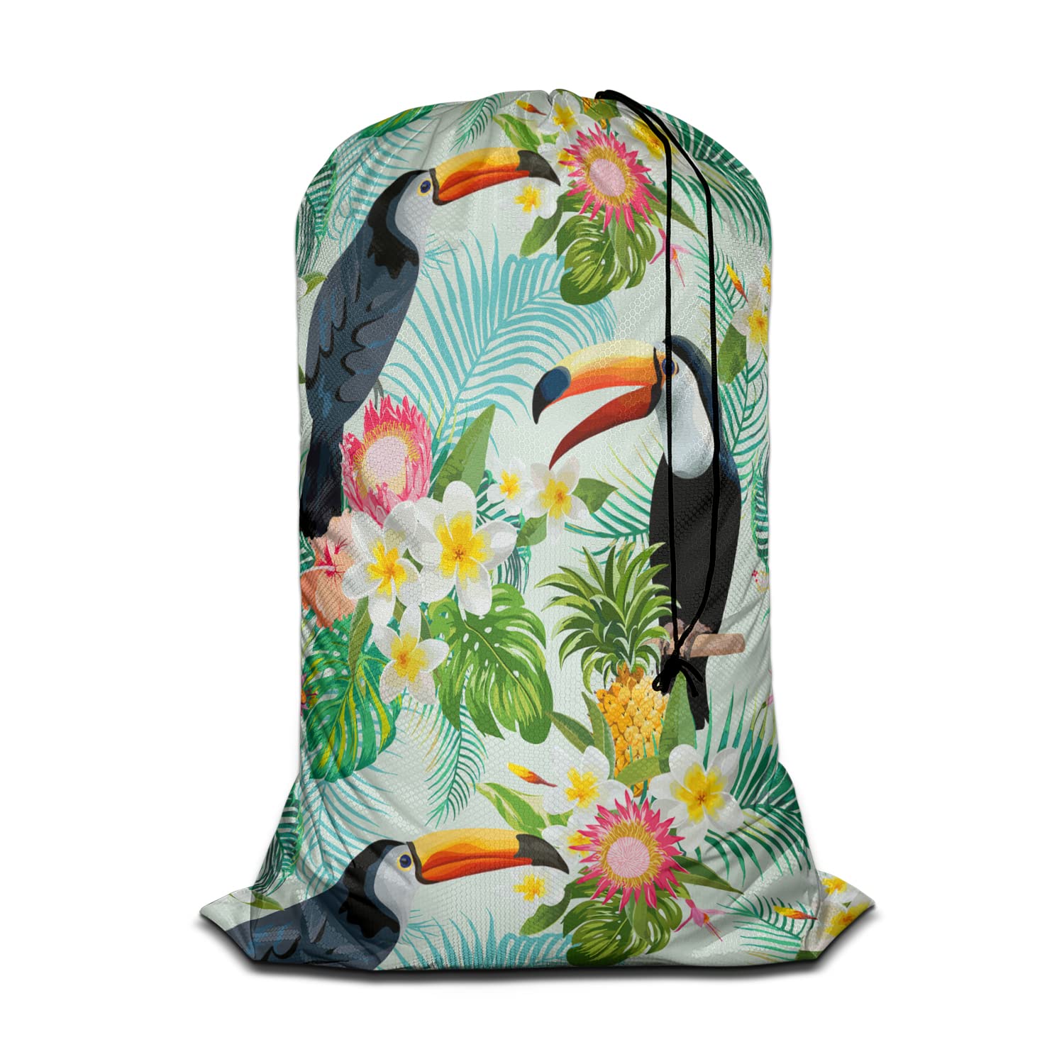 Swono Toucan Birds Laundry Bags 28" x 40", Tropical Palm Leaves Pineapple Hibiscus Versatile - Multi Use, Football Grid Oxford Cloth Machine Washable, Exotic