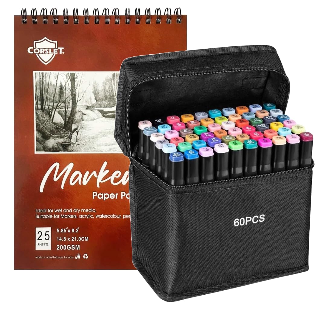 Corslet 49 Pc Stationery Items - 48 Pcs Dual Tip Alcohol Markers Pens Set and 1 Pc Drawing Notebook Marker Pad Brush Pen Sketch Pens for Painting Sketching Calligraphy Drawing Marker Pen - Multicolor