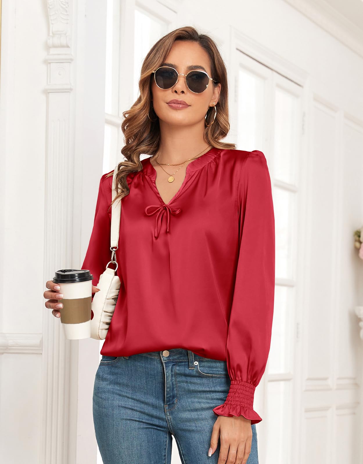 ZAFUL Womens Going Out Satin Tops 2025 Vintage Cute Bow V Neck Silky Blouse Y2K Puff Sleeve Work Shirts