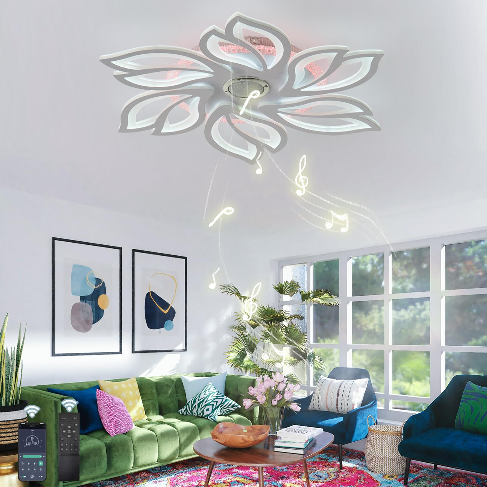 HXYSXHJUO Modern LED Ceiling Light with Bluetooth Speaker, Dimmable Flower Lamp Remote/App Control, RGB Color Changing Music Lighting Fixture for Living Room, Bedroom