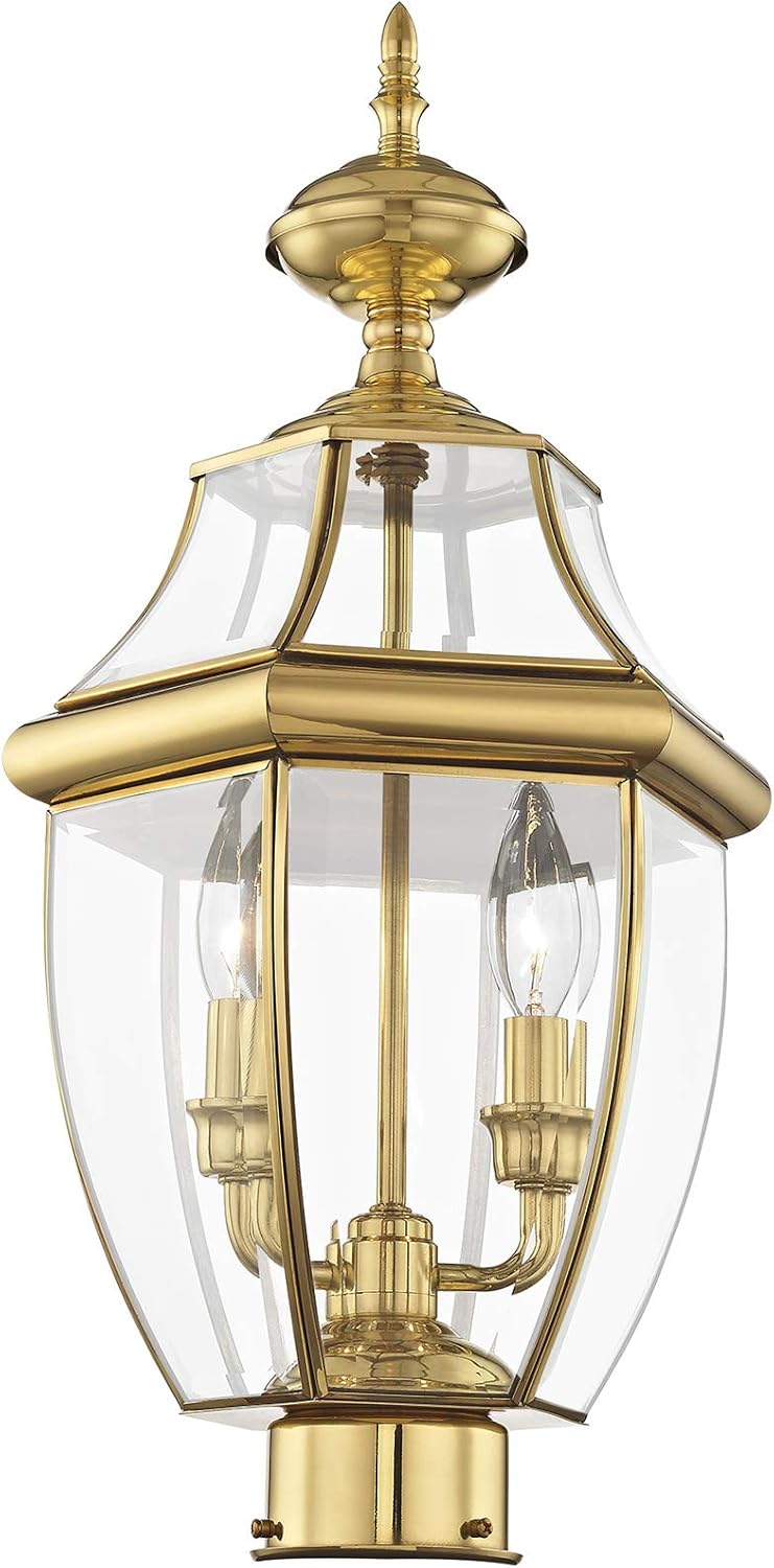 🔥 Flash Sale Livex Lighting 2254-02 Monterey 2 Light Outdoor Polished Brass Finish Solid Brass Post Head with Clear Beveled Glass