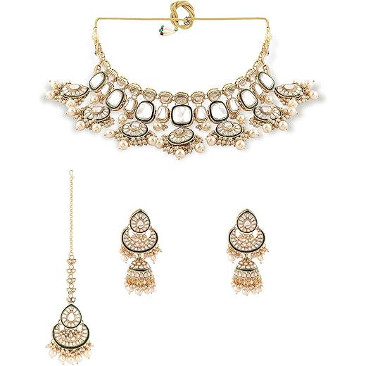 Gold Tone Green Enamel Kundan Bridal Set