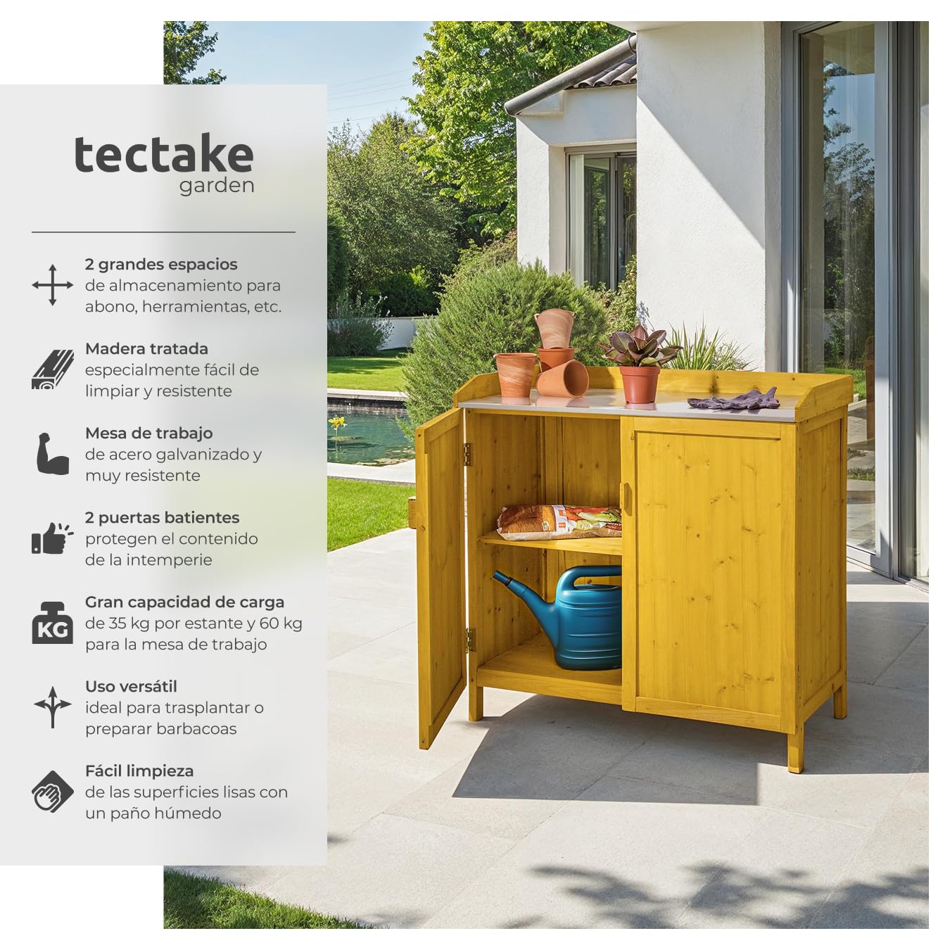 tectake® Armario Exterior de Madera con Estanterias Almacenaje, Ideal para Muebles Jardin Exterior y Jardin, con Superficie Galvanizada y Espacio Protegido para Almacenamiento - 98 x 48 x 95 cm