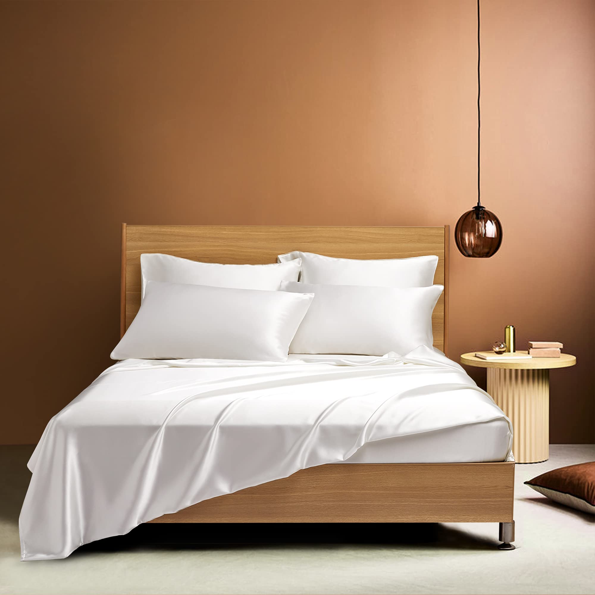 Candoury Satin Sheets Bed Set 6 Pcs, Queen Size Silky Bedding Set, Soft and Durable Pillowcase, Flat Sheet and Fitted Sheet, Stain Resistant Hypoallergenic Bed Sheets Set (Queen, Ivory)