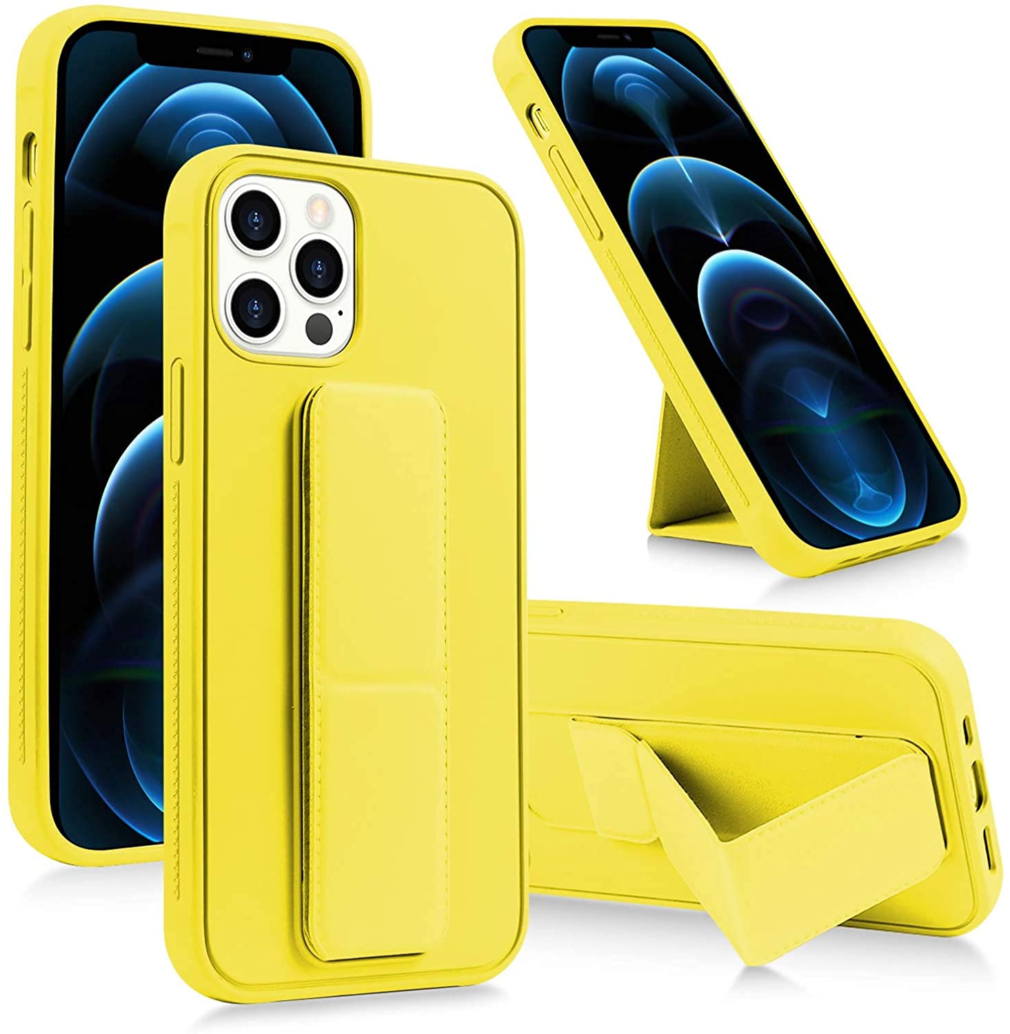 Zege iPhone 13 pro 6.1" Case with Magnetic Stand & Holder, Premium Silicone Vertical & Horizontal Hand Strap and Grip and Multi Stand, Car Mount Kickstand Case Finger Strap Cover (Fresh Yellow)