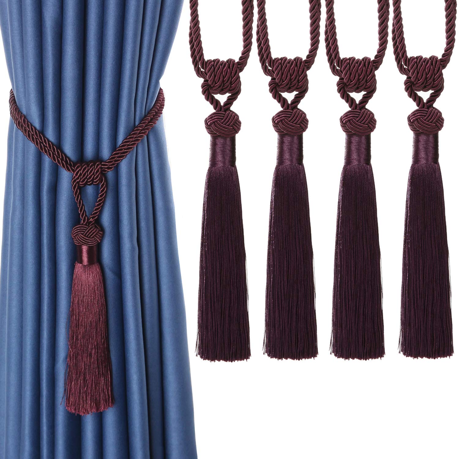 Tassel Curtain Tiebacks， Braided Rope Curtain Tiebacks Decorative Tassels Multicolor 2/4 Pcs(Pueple,4pcs)