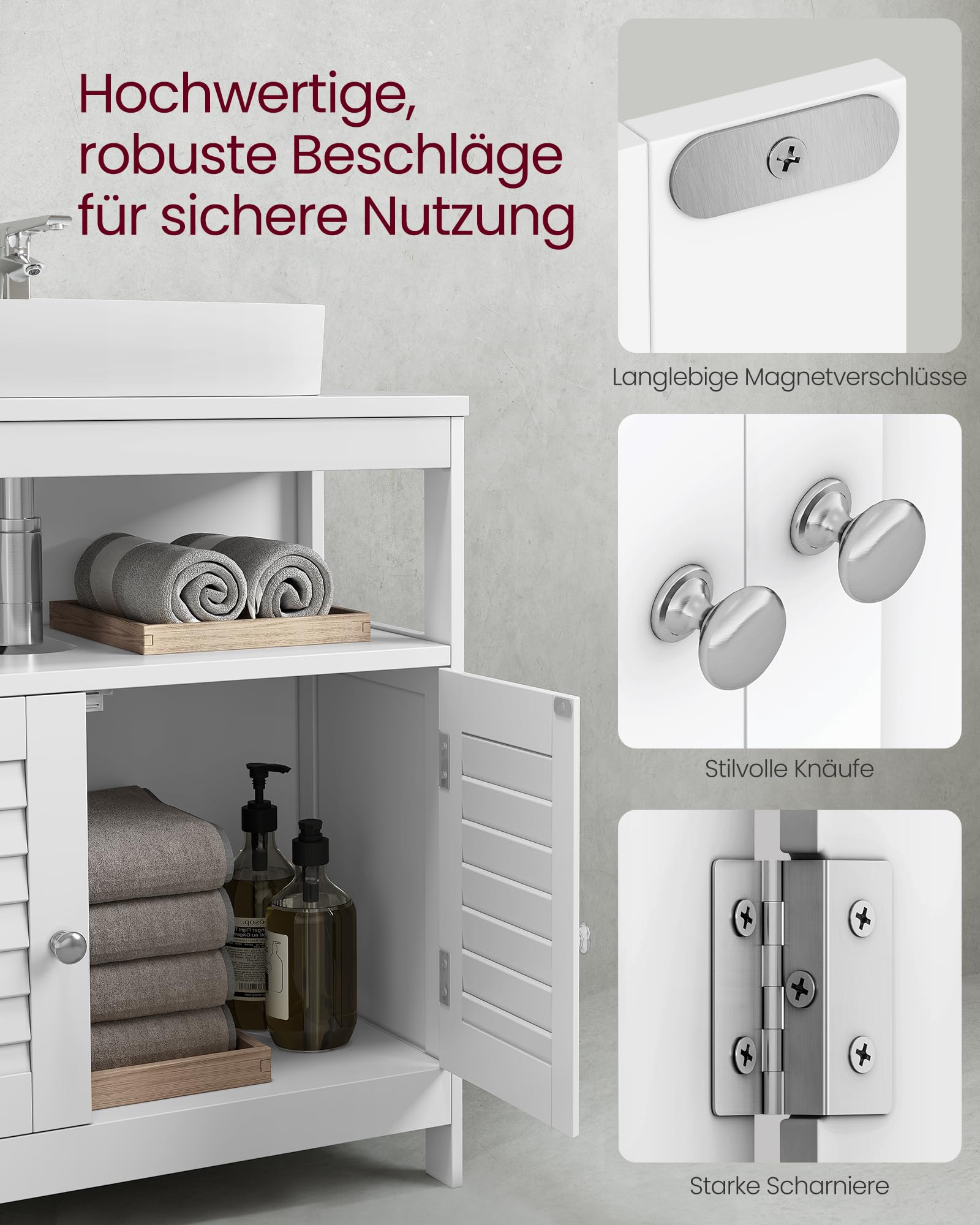 VASAGLE Waschbeckenunterschrank, Badezimmerschrank, Aufbewahrungsschrank, 30 x 60 x 60 cm, mit 2 Lamellentüren, offenes Fach, verstellbare Regalebene, mit Griffen, wolkenweiß BBC02WT
