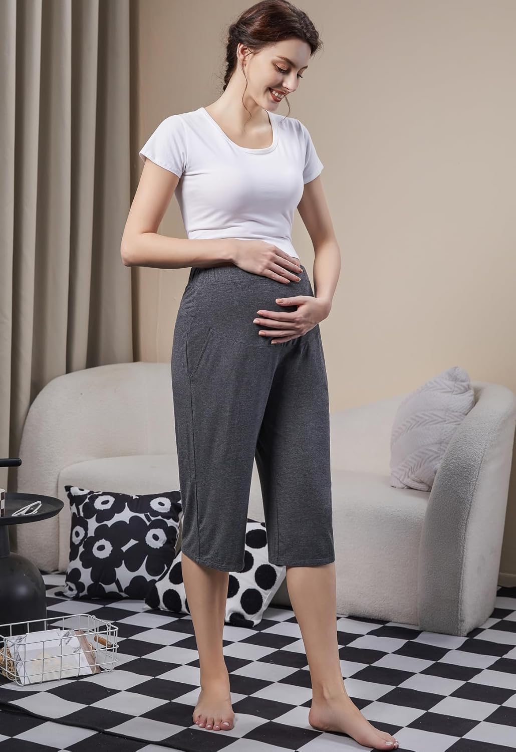 Maternity Lounge Capri Pants, Maternity Cropped Capri Pregnancy, Light Relaxed Soft Touch Trousers with Pockets - Image 3