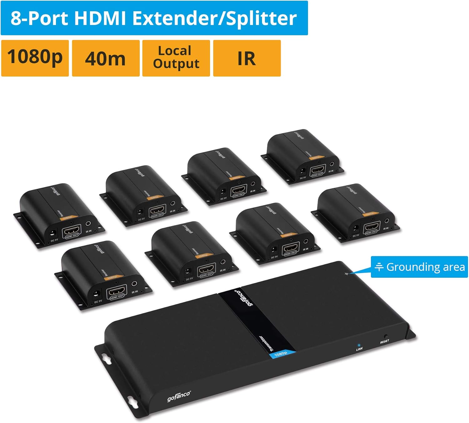 Crazy Clearance gofanco 1080p 1x8 8 Port HDMI Extender Splitter Over CAT6/CAT6a/CAT7 Ethernet Cable with an HDMI Loopout & IR Extension (1 in 8 Out) – Up to 40m (130ft) at 1080p 60Hz (HDMIExt8P)