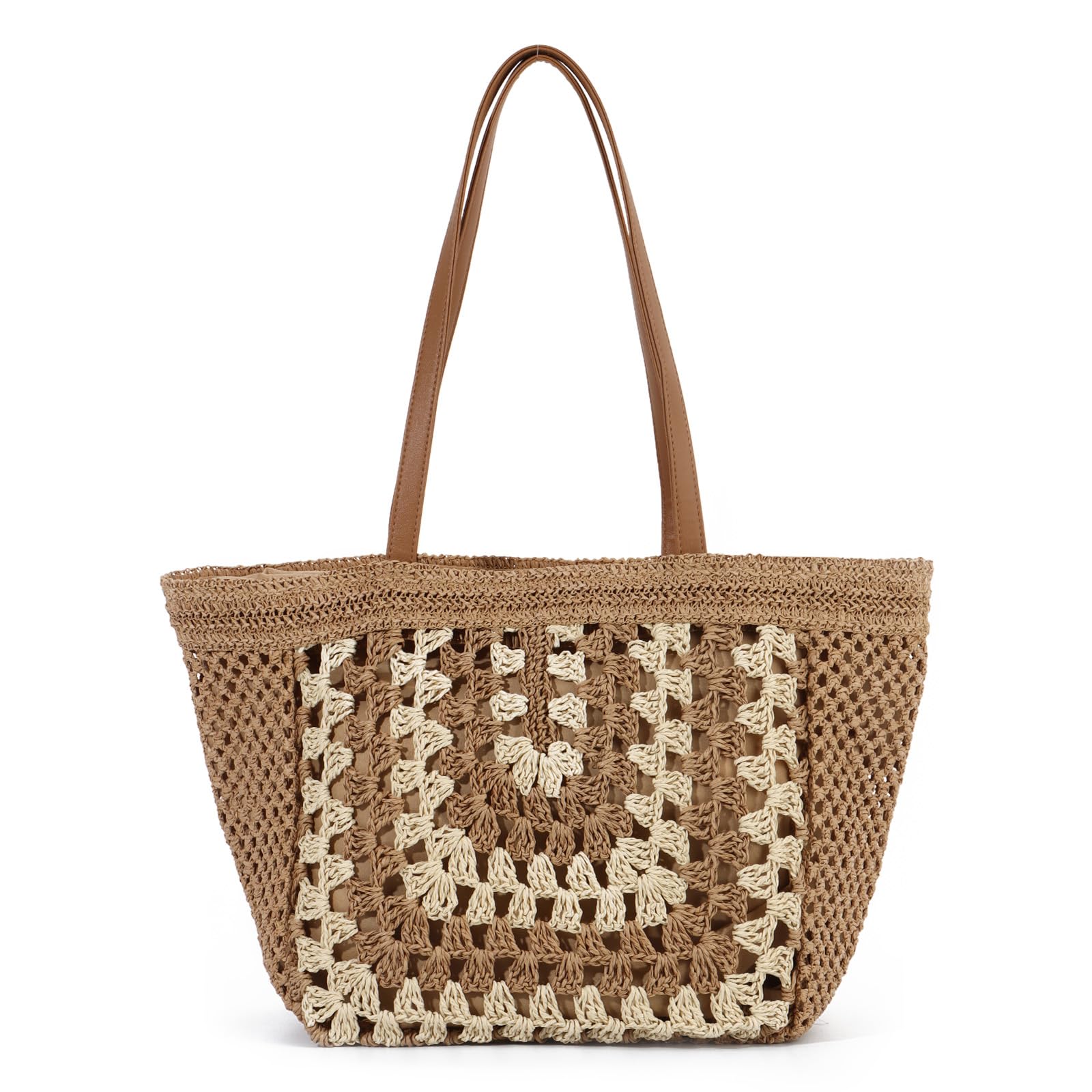 EVEOUT Stroh Schultertaschen für Damen Sommer Boho Strandtasche Gewebte Tote Tasche aus Raffia Shopper Tragetasche für Urlaub