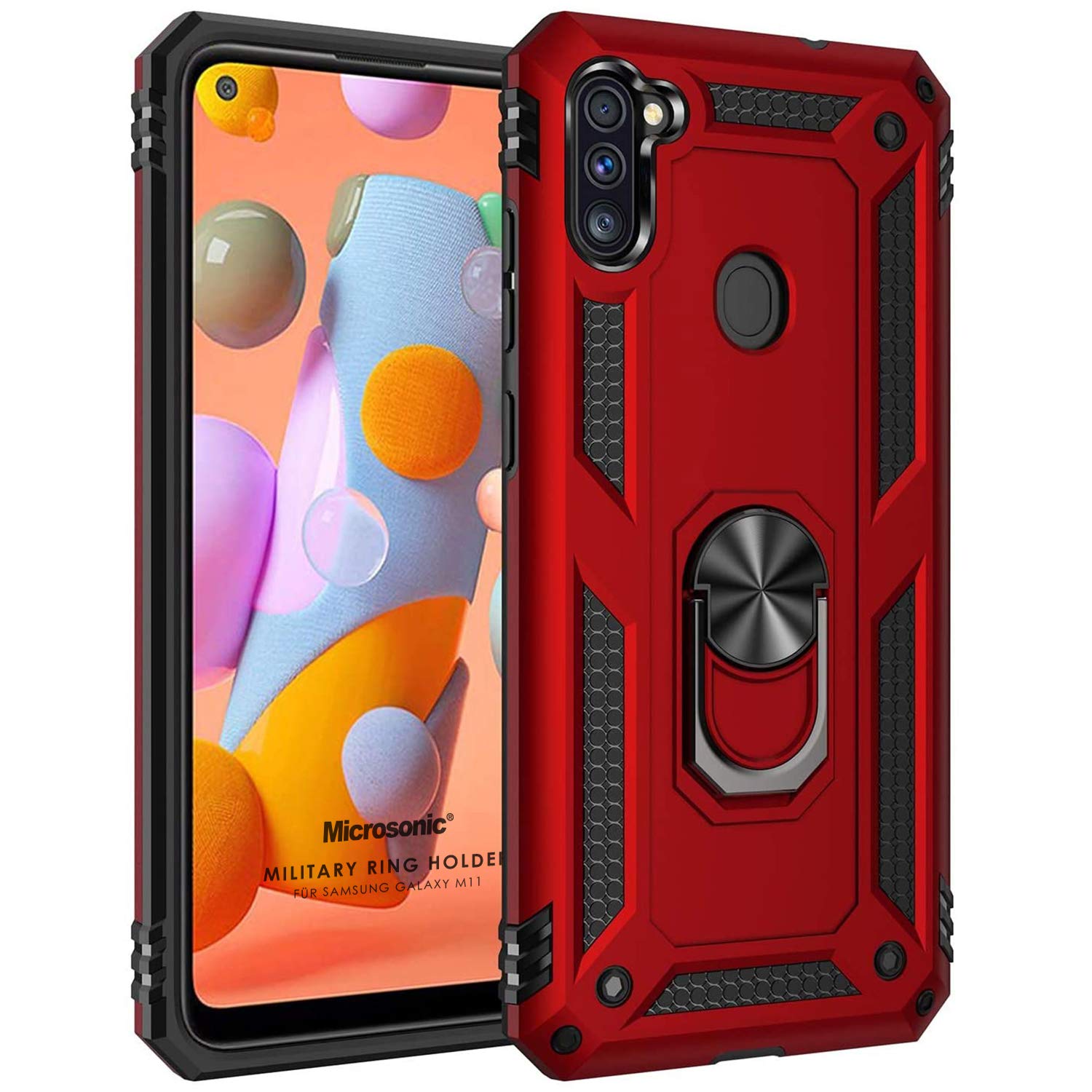 Microsonic Samsung Galaxy M11 için Kılıf Military Ring Holder Kırmızı [Galaxy M11 ile Uyumlu Kılıf - Kırmızı]