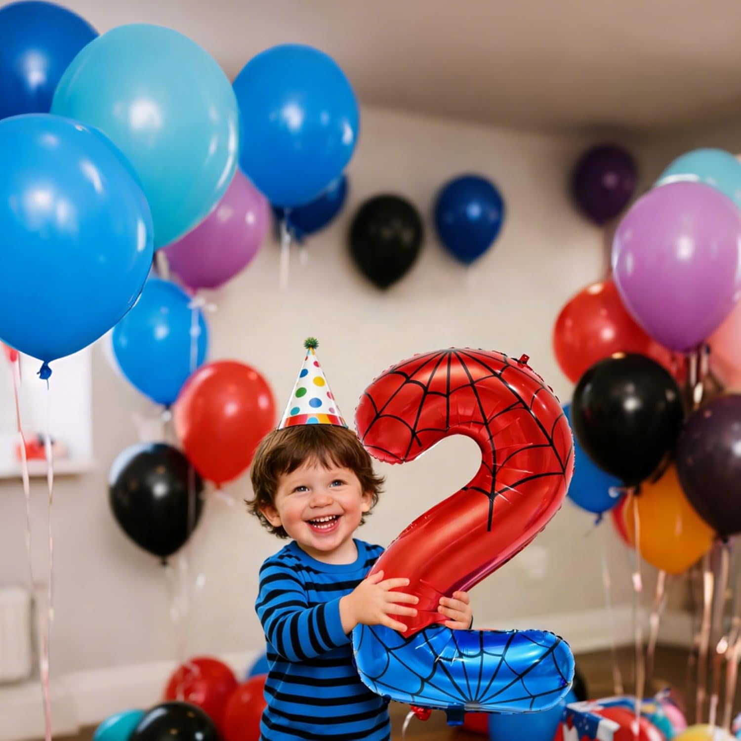 YIIHMEI 40 Inch Spider Number 2 Balloons Birthday Party Decorations,Red and Blue Style Large Balloon Decor Supplies for 2nd Anniversary Birthday Theme Kid's