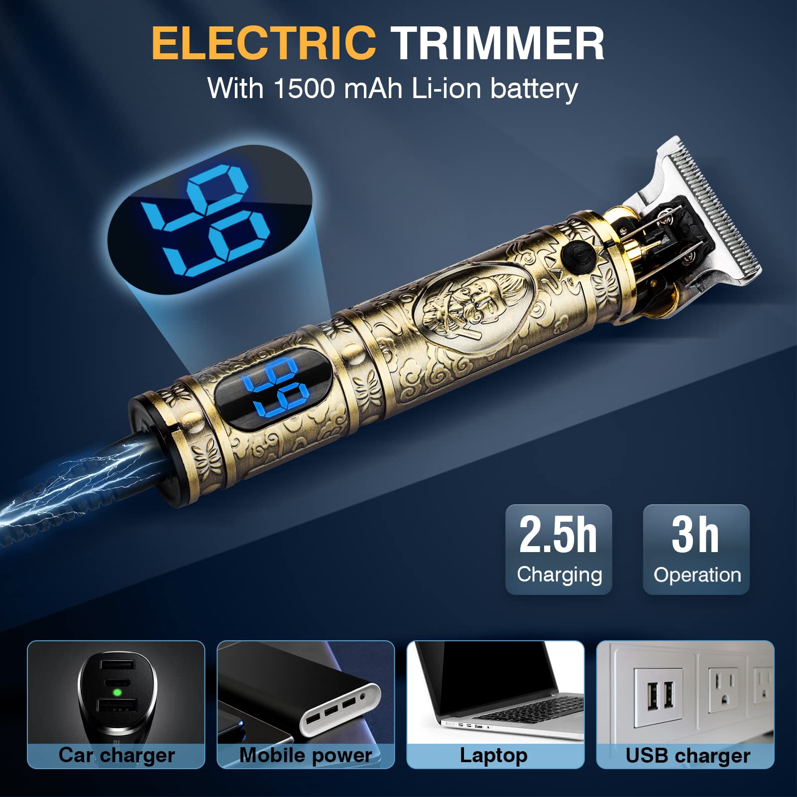 Macchinetta per Capelli Taglia Uomo Professionale Senza Fili Trimmer Capelli Barba e Capelli 0 mm Elettrico Regola Hair Clipper Ricaricabile Usb e Incisione Silenzioso Gold Trimmer Vintage T9