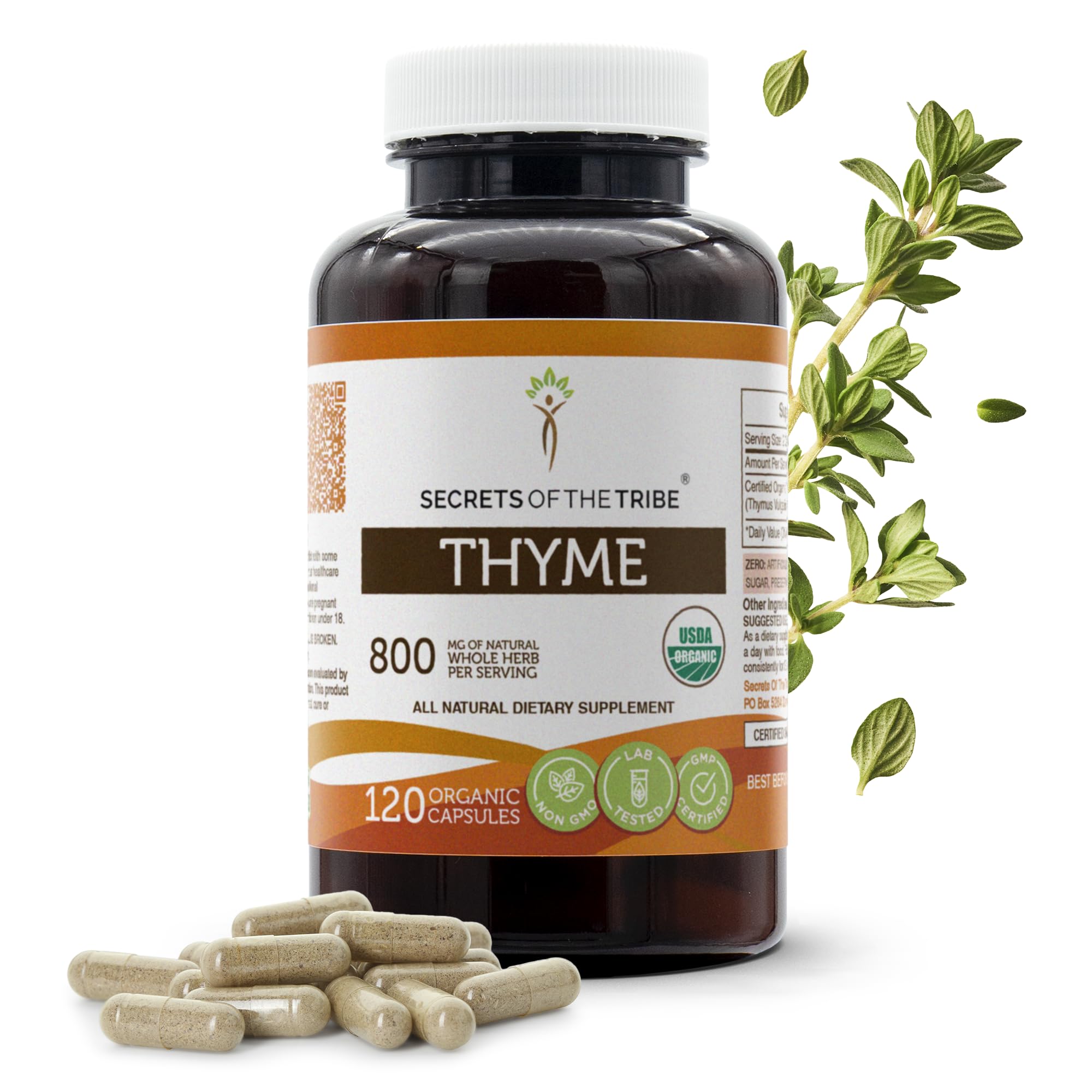 Secrets of the Tribe Thyme 120 Capsules, 800 mg, USDA Organic Thyme (Thymus Vulgaris) Dried Leaf (120 Capsules)