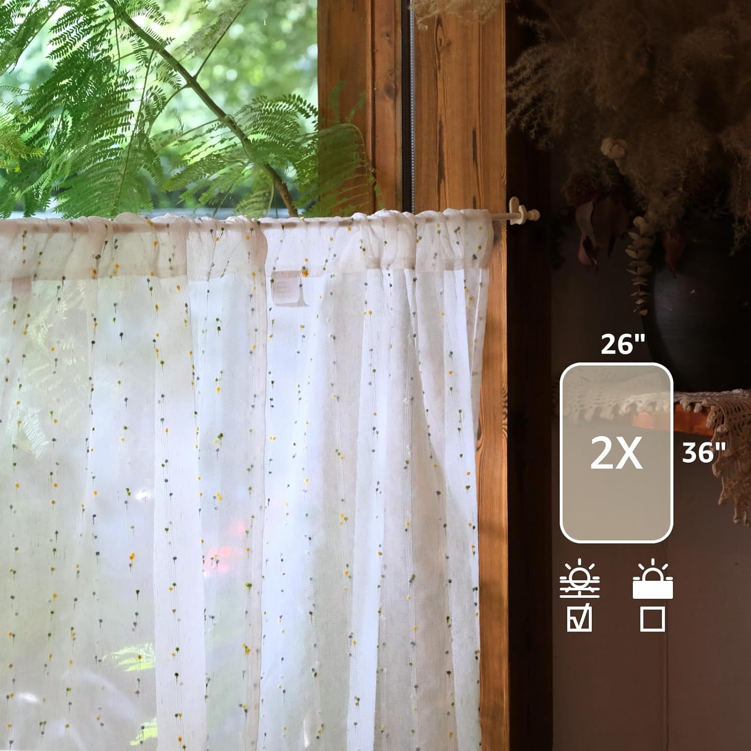 jinchan Semi Sheer Kitchen Curtains for Window 36 Inch Mini Pom-Pom Voile Tier Curtains Light Filtering Small Drapes for Bedroom Living Room Rod Pocket 2 Panels Sunlit Grove