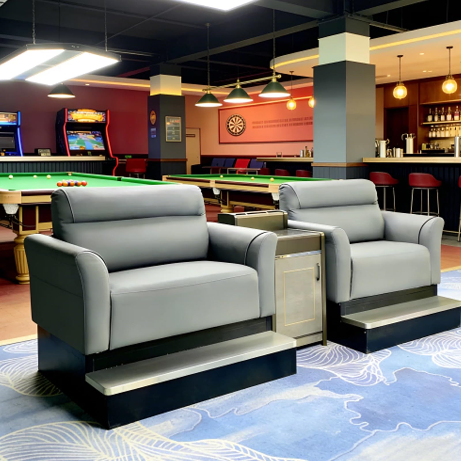 Billard Zuschauer-Sitz-Set, PU-Leder, Sofa mit Getränkehalter, Queue & Schließfach für Club-Spielzimmer