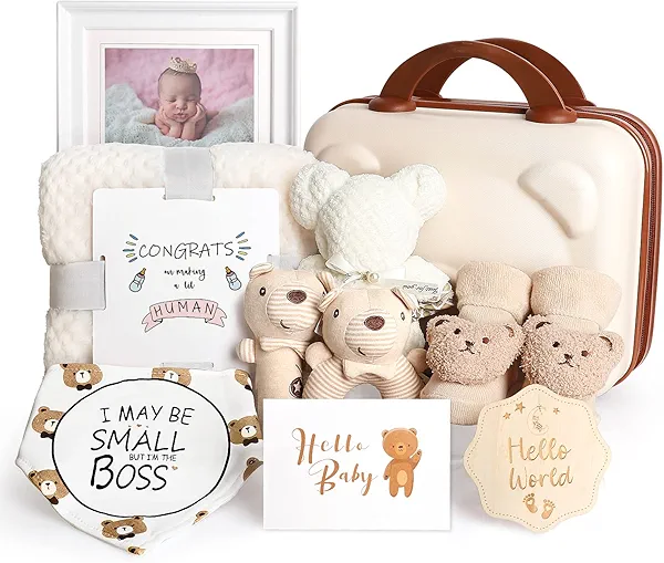 iAOVUEBY Baby Gift Set, Baby Shower Gifts for Girls Boys, Bear New Baby Gift Basket Include Newborn Rattle Blanket Wooden Keepsake Milestone Cute Bibs Socks Greeting Card, Baby Gift Essentials Stuff