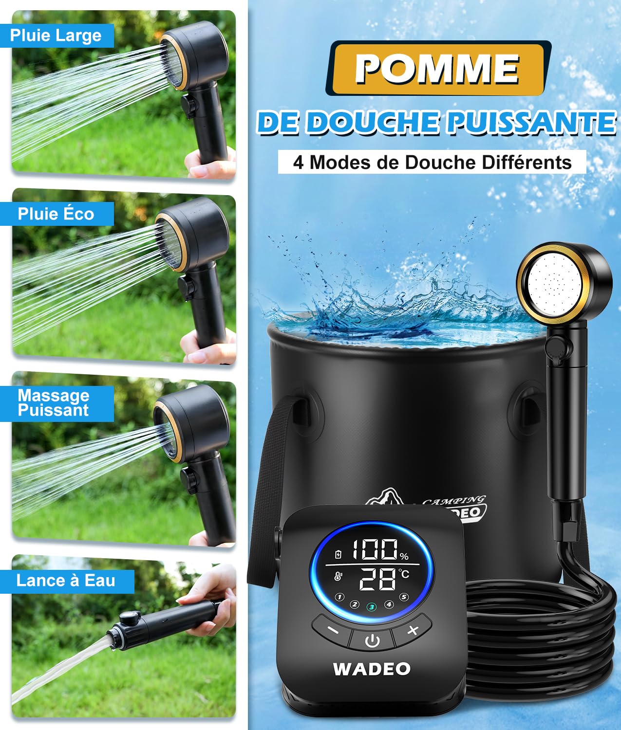 WADEO Douche Portable pour Camping, Pompe de Douche Rechargeable 8000mAh, Seau Pliable de 20L, 5 Modes de Douche et Étanche IPX8, Douche Extérieure pour Randonnée, Voyages, Voiture, Animaux