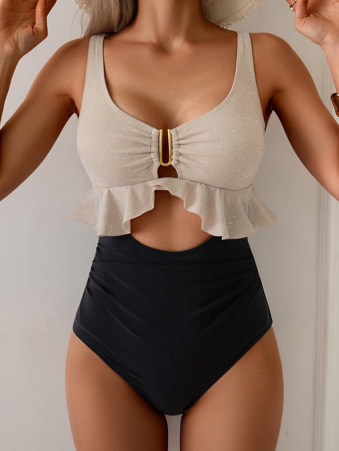 B2prity Womens One Piece Swimsuit Tummy Control Ruffled Bathing Suit V Neck Cutout Swim Suit Tie Back Swimwear - Image 2