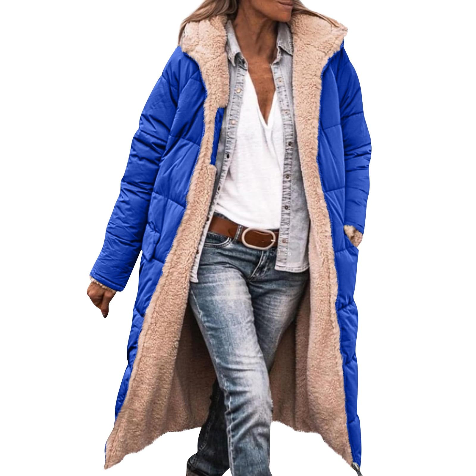 Generisch Wintermantel Damen Lang Warm Winterjacke Gefüttert Elegant Fleecejacke Winter Steppmantel Einfarbig Parka Mit Reissverschluss Winterparka Mit Taschen Mantel Thermo Dicke Damenmantel Langarm