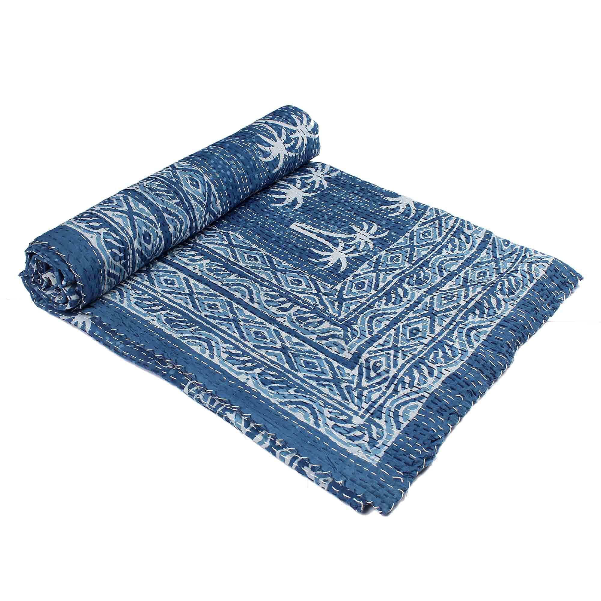 Couvre-lit Kantha indigo fait main en coton de qualité supérieure