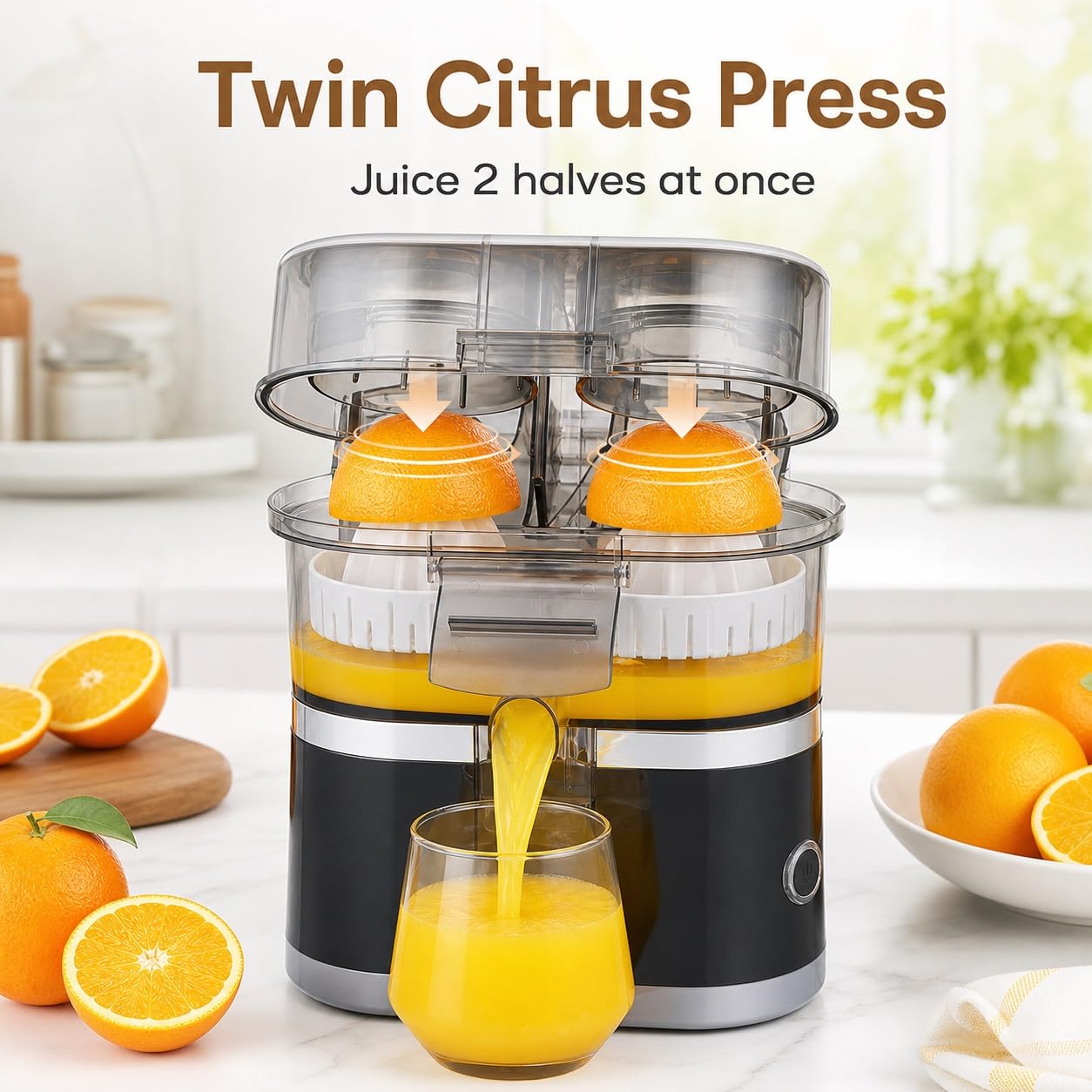 Exprimidor Eléctrico Doble de Cítricos, Prensa de Jugo de Naranja de 500 Ml | Acero Inoxidable, Desayunos Caseros, Prensa Doble, Cámara de 500 Ml, Tasa de Producción del 90 %, Piezas Aptas for Lavavajill