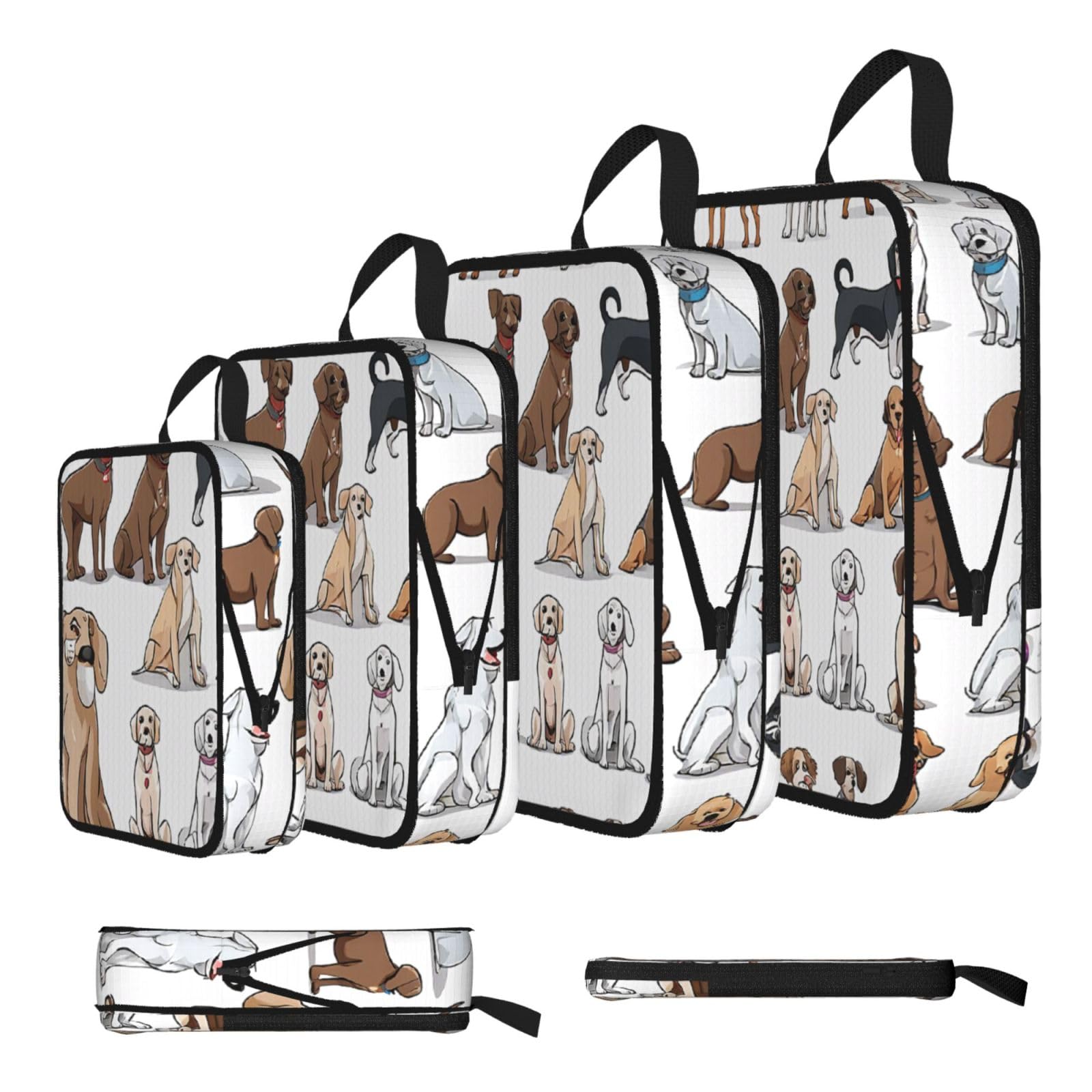 Ezdlowvba Black Cute Chihuahua Pug Pattern Print Compression Packing Cubes 4-Piece Set With Multi- Compartment Travel Bag, Waterproof Suitcase Organiser Bags
