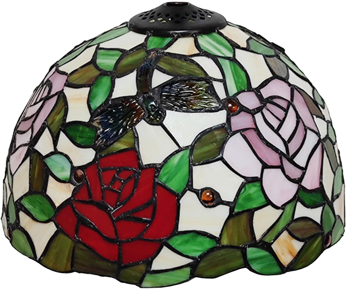 Tiffany Lampshades Replacement, 12-Inch Rose Stained Glass Lamp Shade with Cap, Red Blue Orange Pink Yellow Flowers, Only for Table Lamp Pendant Light Ceiling Fixture,R2