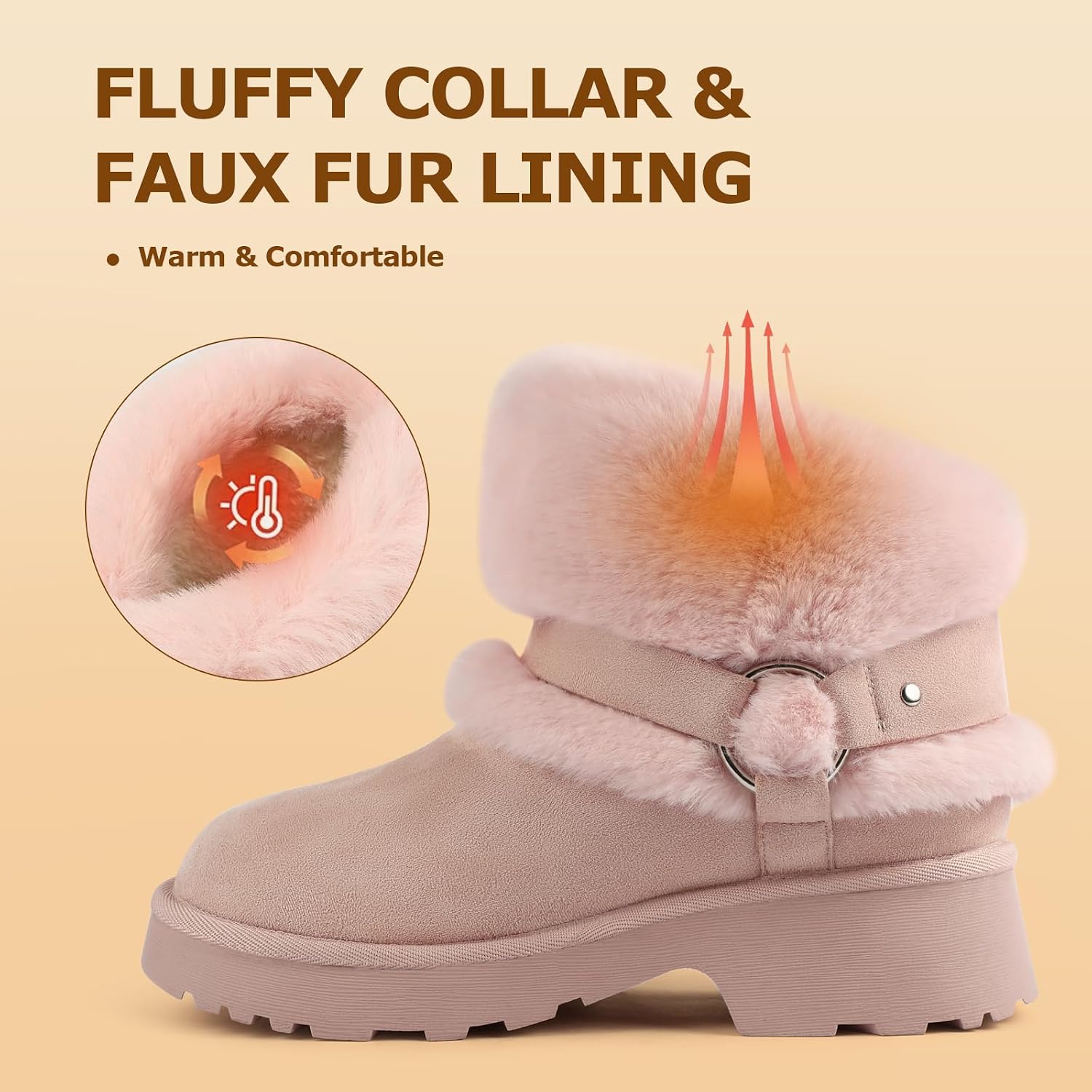 Furry Winter Boots for Women Block Heels Platform Buckle Slip On