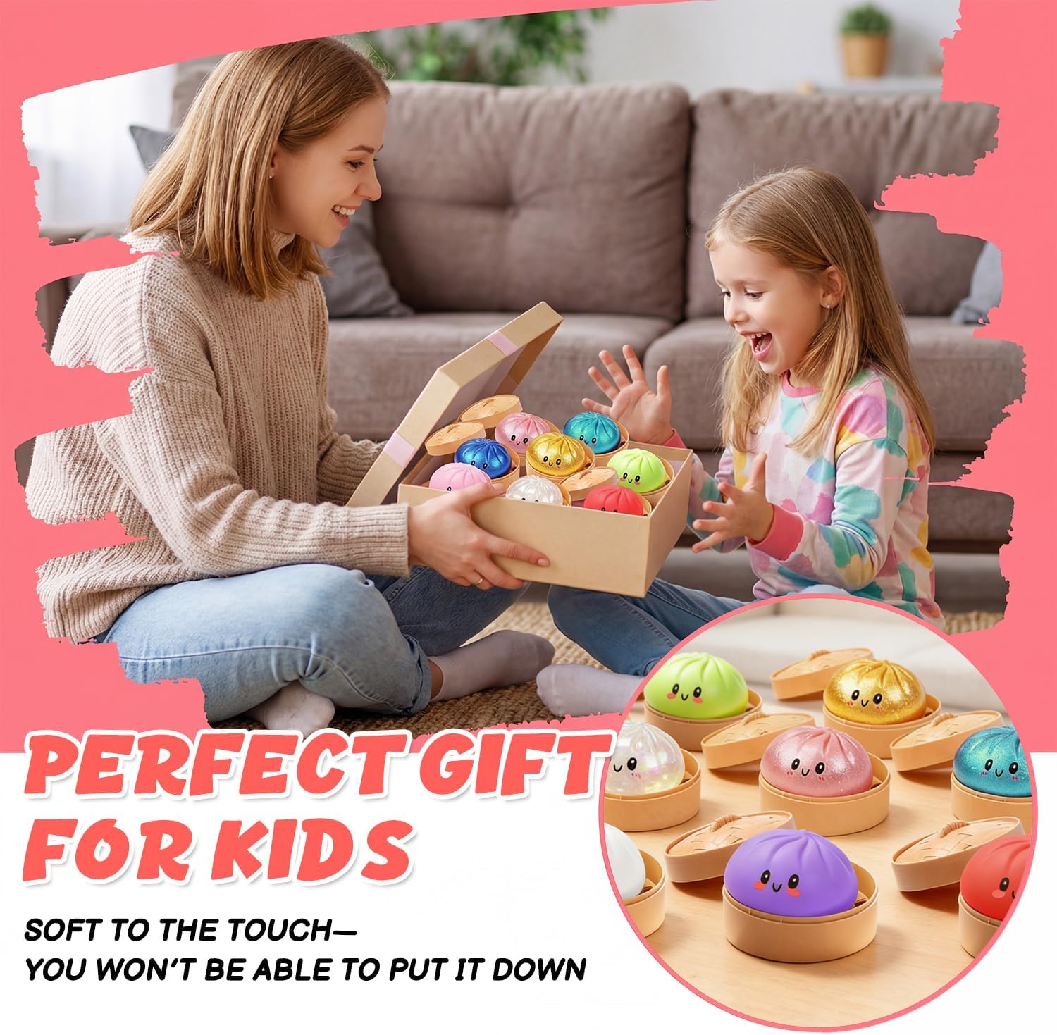 Dumpling Squishies Toy, Glitter Mystery Squishy Dumpling Box, Colorful Dumplings Stress Fidget Toys, Soft Anxiety Relief Sensory Squeeze for Toddler and Boys, Easter Basket Stuffers for Kids(Pink)