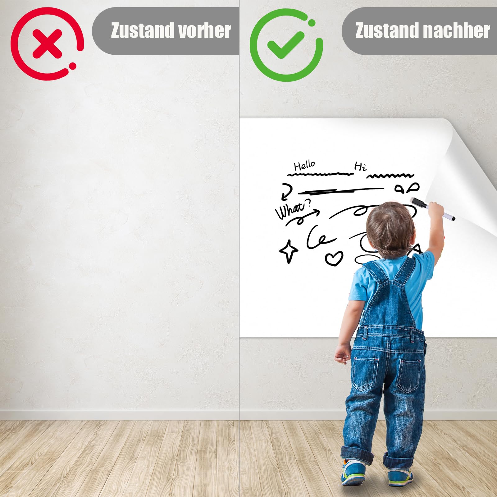 Selbstklebende Whiteboard-Folie, rückstandslos entfernbar, Wiederverwendbar,Zuschneidbar, Leicht Abwischbar, Geeignet für Wände, Schreibtische und Glas (45cm x 5m)