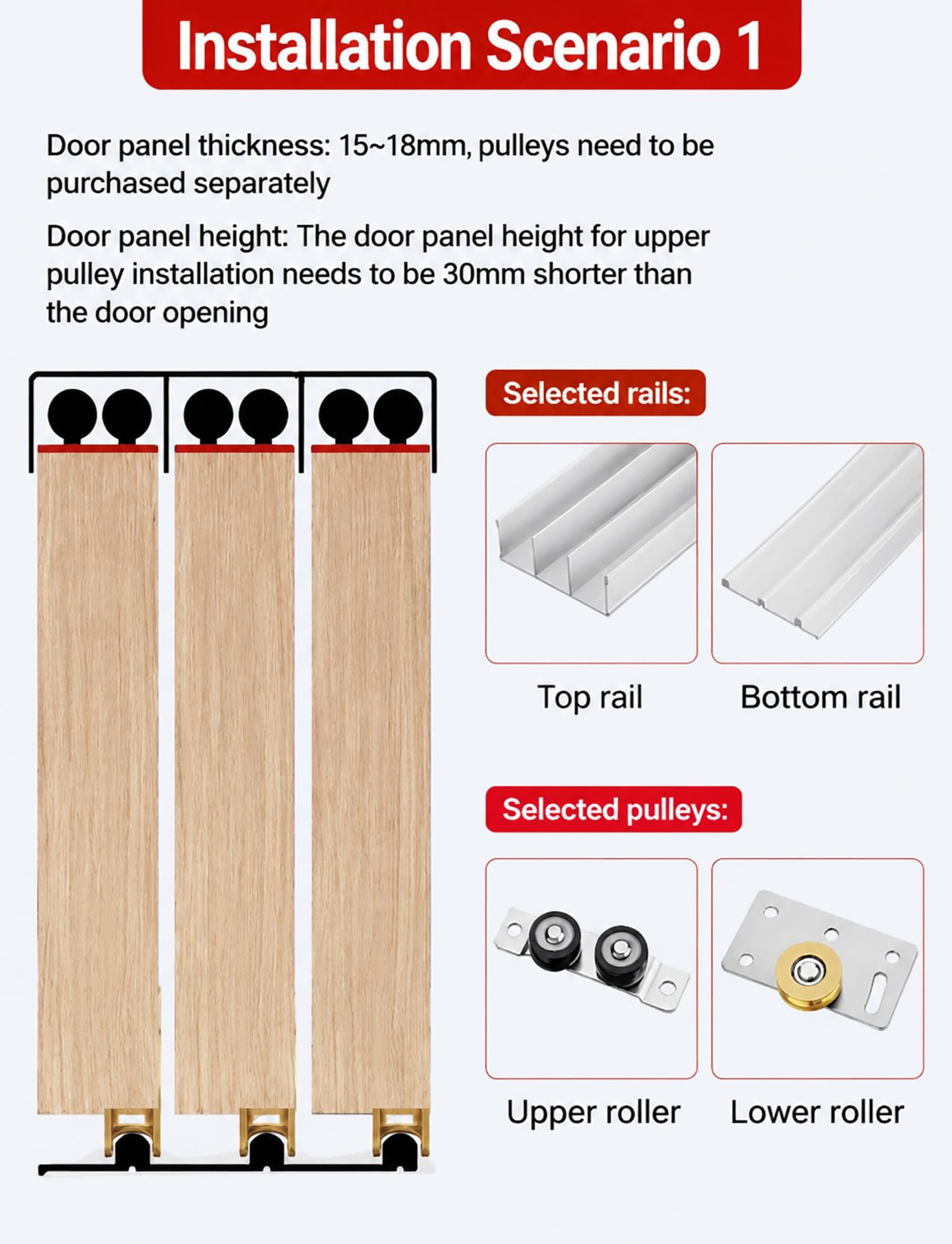 Kit de herrajes for puerta corredera de triple riel, montaje empotrado ajustable, 1 juego(Black,210cm)