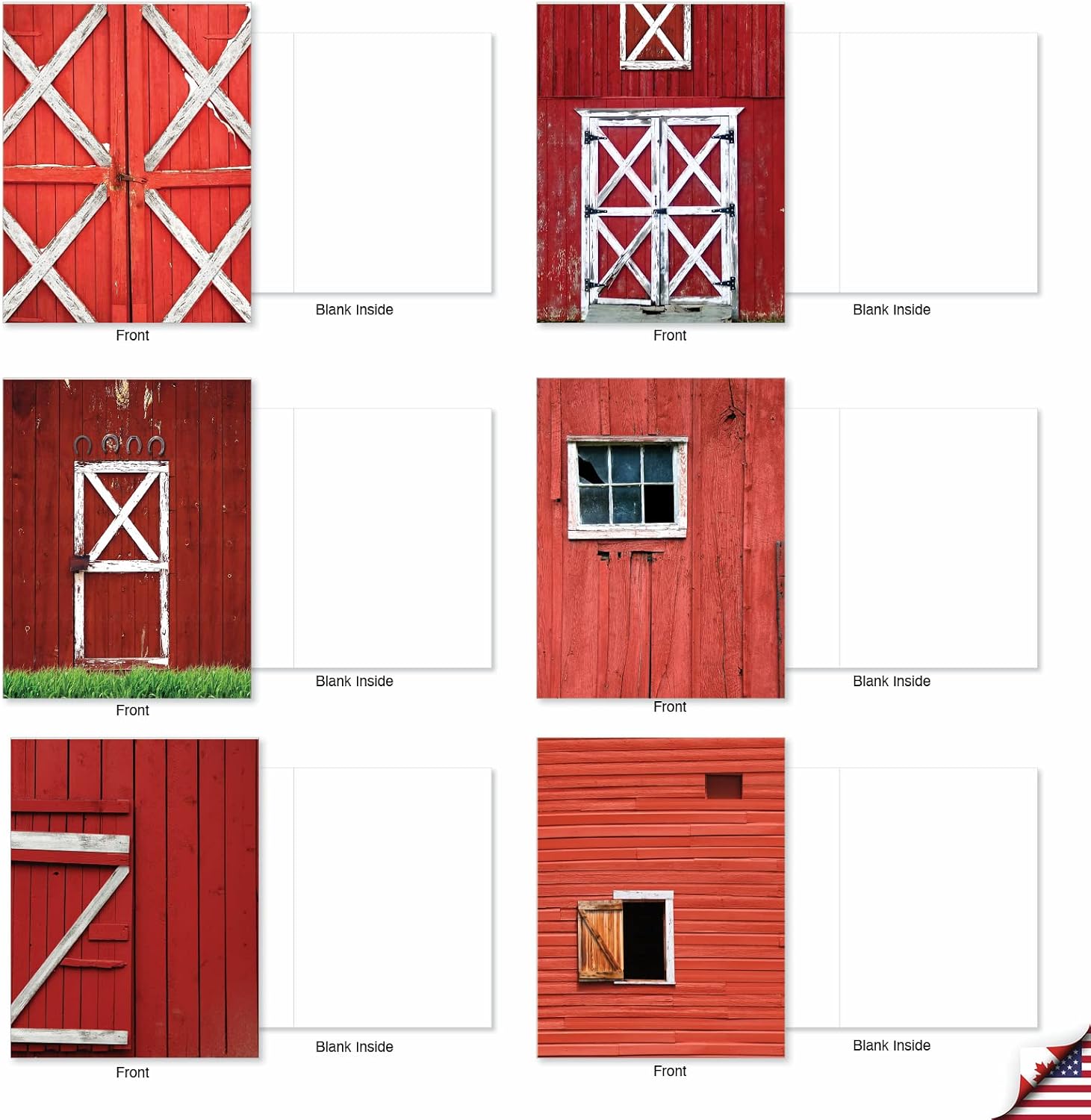 The Best Card Company - 20 Blank Note Cards Boxed (4 x 5.12 Inch) - Fun Assorted Patterns (10 Designs, 2 Each) - Red Barns AM7033OCB-B1x20