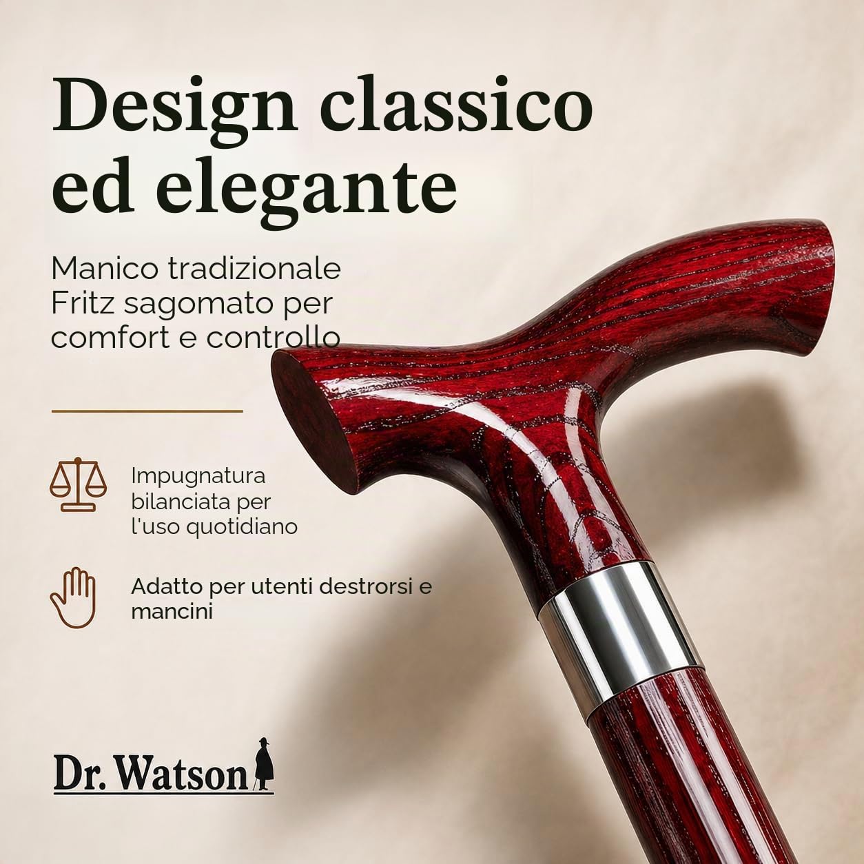 Dr. Watson Classic Fritz Walking Stick – Handcrafted Ash Wood Cane with Polished Stainless Steel Collar