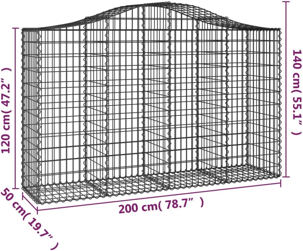 Gabions with High Arch 2 Pieces 200 x 50 x 120/140 cm Galvanised Iron for Garden Barriers and Privacy Protection as Decorative Sound-Absorbing Gabion Walls Made of Robust Wire