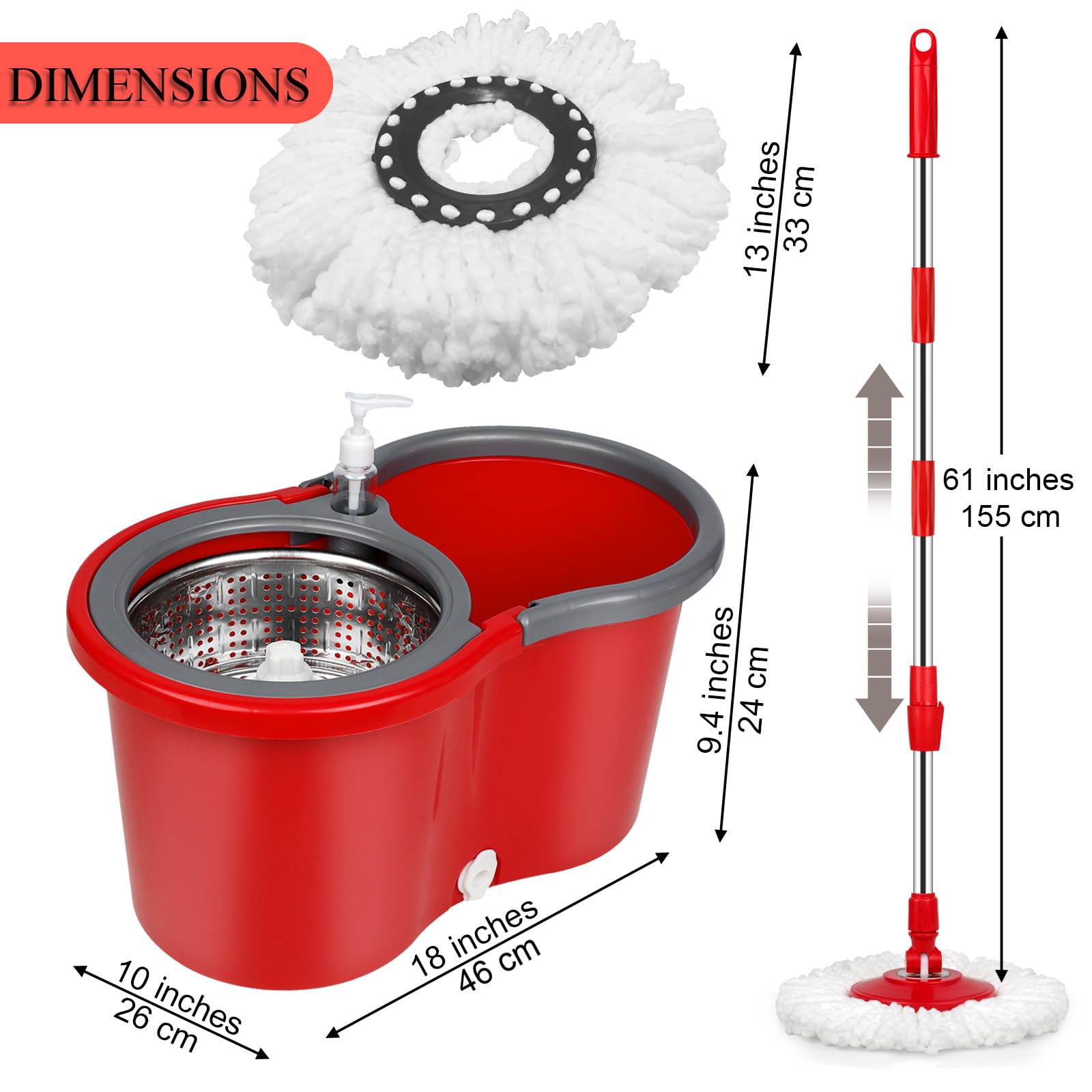 Spin Mop and Bucket Set, Mop and Bucket with Wringer Set, 360°Spin Mop Kit with 2 Extra Microfiber Mop Replacement Heads, Spinning Mop Bucket System for Floor Cleaning (Red)
