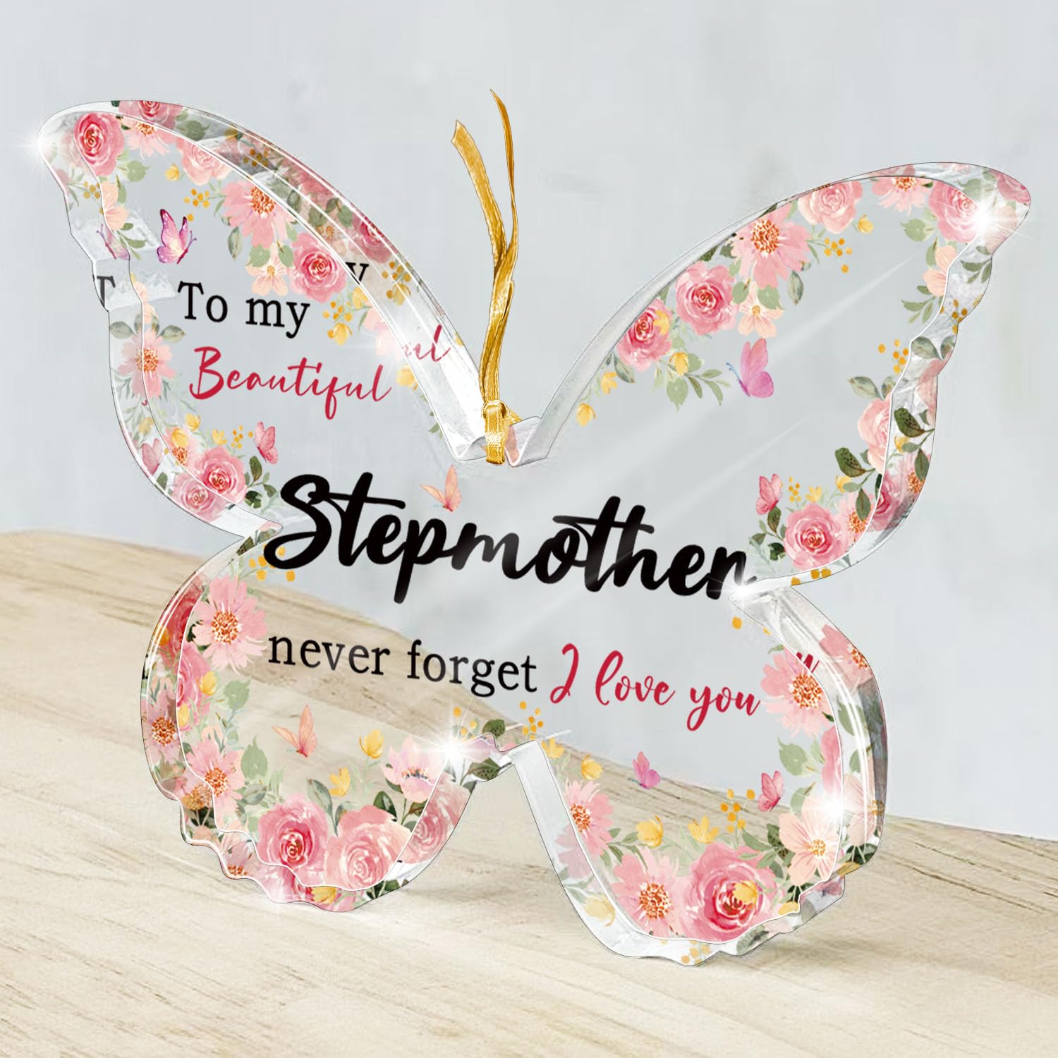 Pink Floral Butterfly Keepsake Decoration, Perfect Multi-Occasion Gift for Stepmother and Stepmom, Birthday/Christmas/Wedding, Acrylic Home and Office Decoration, Thanksgiving Gifts for Bonus Mom