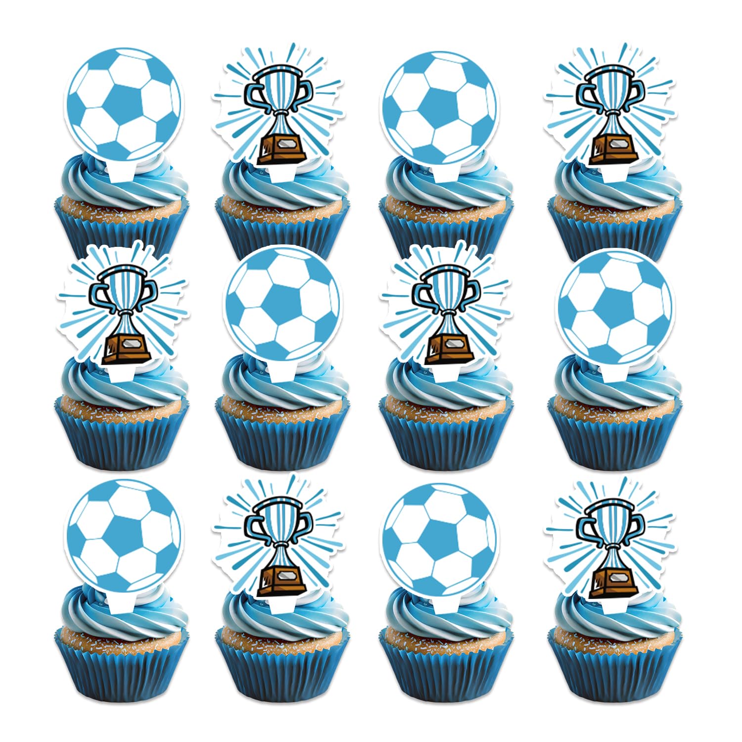 Photo 1 of 12PCS Blue Soccer Cupcake Toppers, Soccer Ball & Trophy Cake Decorations for Boys Kids Birthday Party, Sports Themed Party, Soccer Team Celebration Supplies
