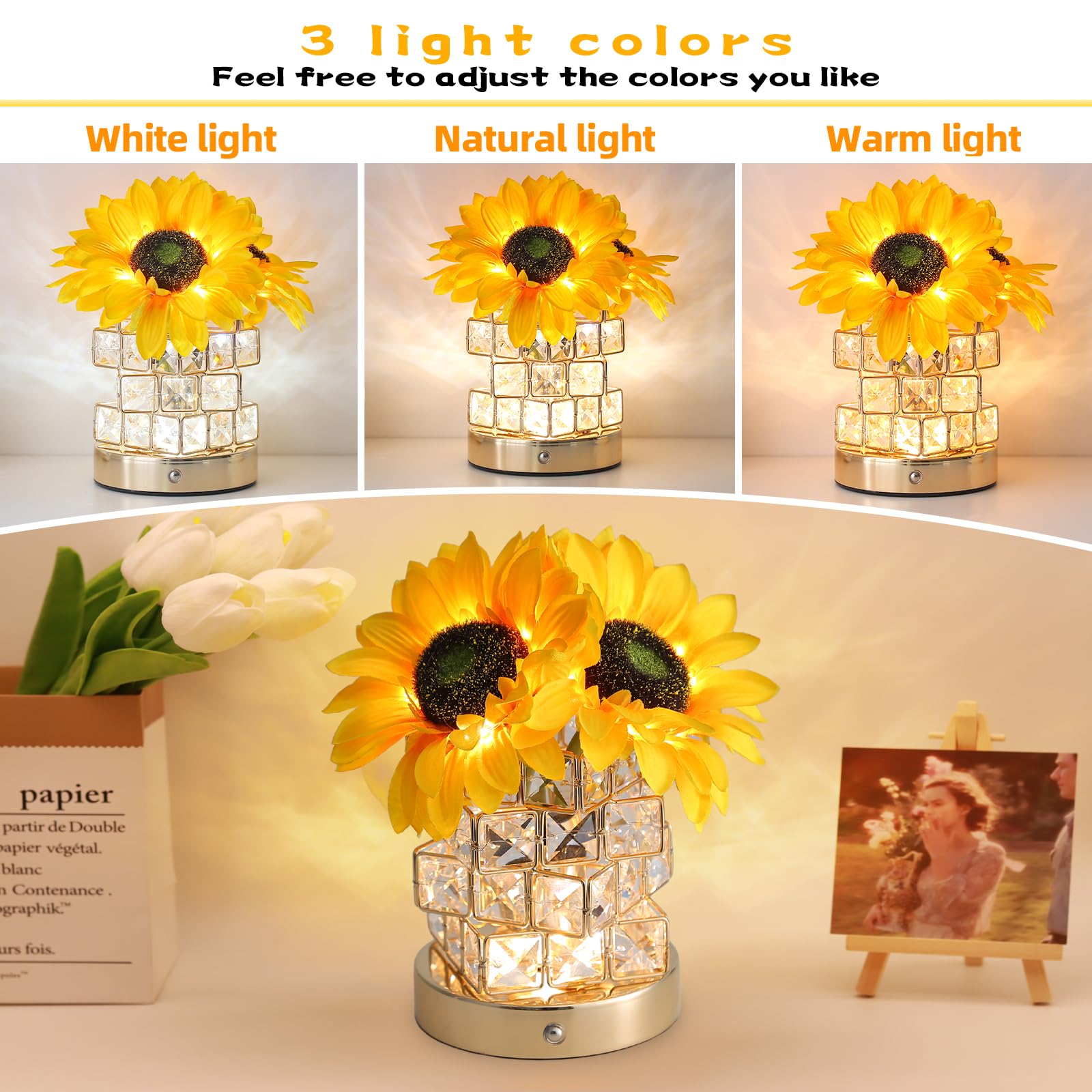 Lámpara táctil de girasoles, lámpara de mesa inalámbrica recargable, 3 colores, atenuación continua, pequeña luz nocturna, regalo para mamá para San Valentín, día de la madre, Navidad