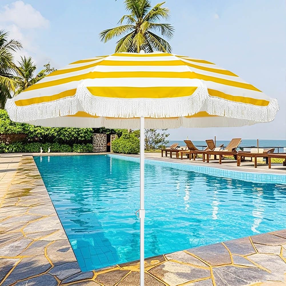160 cm Parasol Ogrodowy, Parasol Plażowy Pochylany, Parasol na Plażę z Frędzlami, Składany Parasol Tarasowy, Żółty Pasek