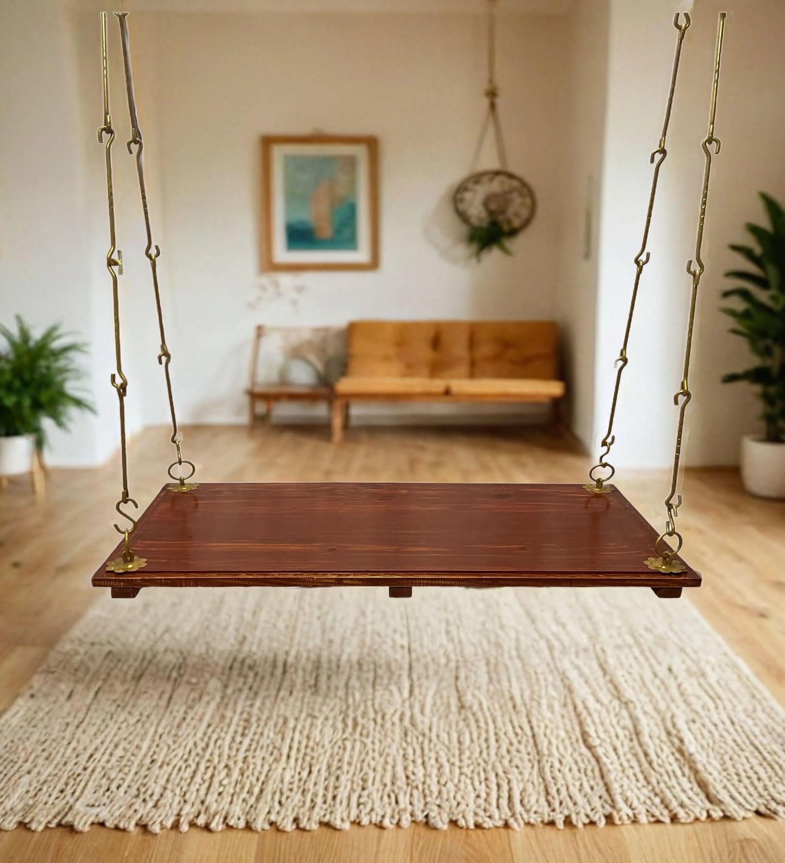 Jairi Traders Plank Wooden Swing Indoor Outdoor Teak Wood (4x2 Feet) Accessories Plain Colour with Boarder on Plank Brass Coated Accessories-image-17