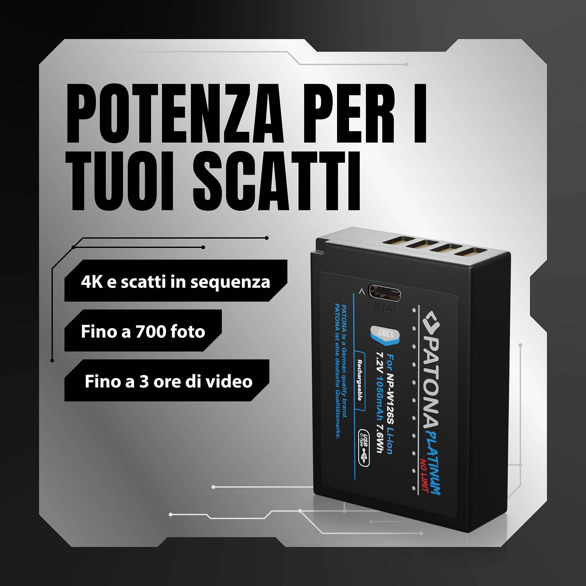 PATONA 2X Platinum NP-W126S Batteria 1050mAh con ingresso USB-C – Ricambio per Fujifilm NP-W126S – per X-T1 X-T2 X-T3 X-T20 X-T30 II, X100F X100V, X-Pro1 X-Pro3, X-E4, X-A7, X-H1 – doppia riserva