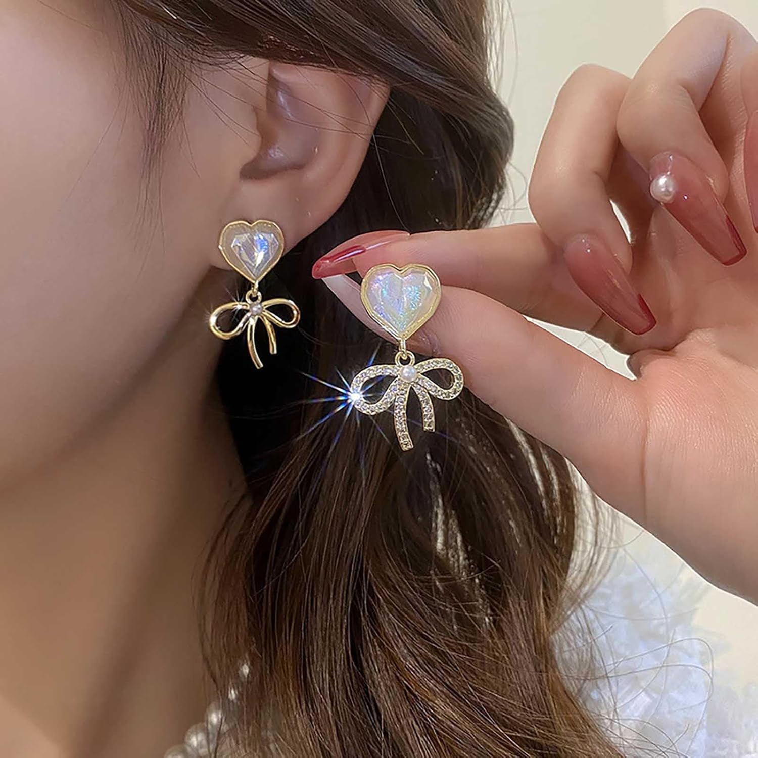 Boho Heart Bow Drop Earrings Pearl Heart Stud Earrings Rhinestone Bow Dangle Earrings Gold Bowknt Earrings Jewelry for Women - Image 2