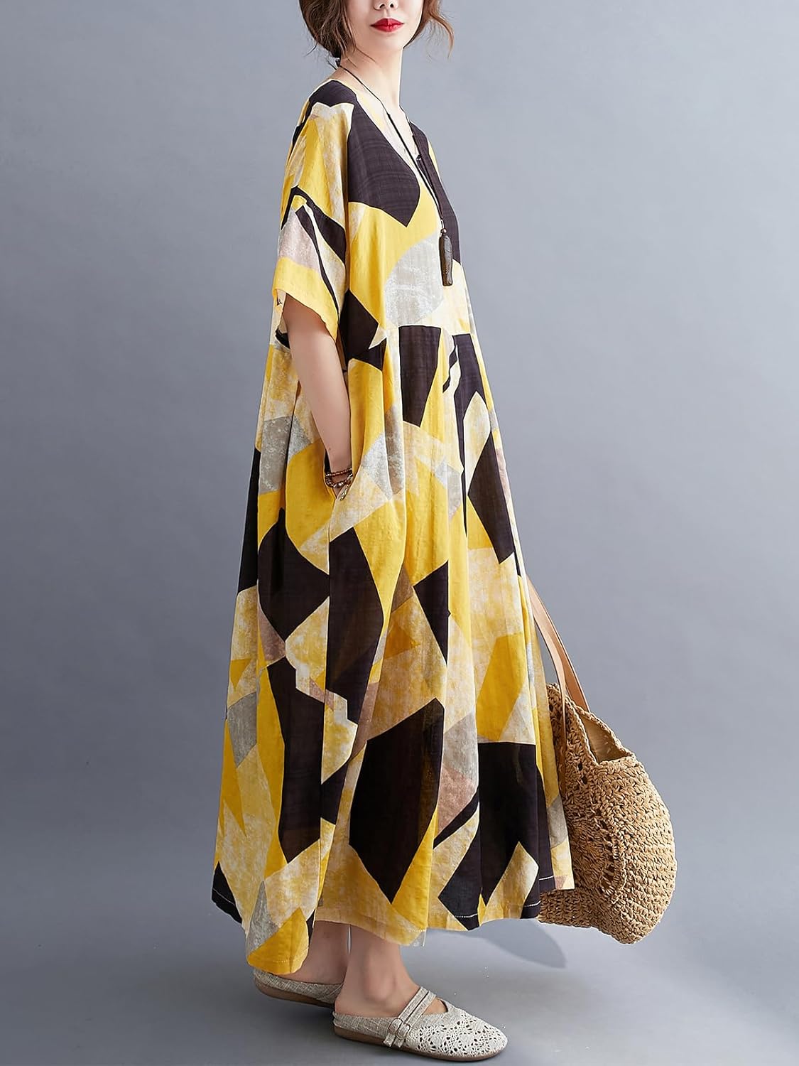 Women Plus Size Color Block Dress Geometric Block Print Round Neck Side Pockets Casual Loose Dresses - Image 5