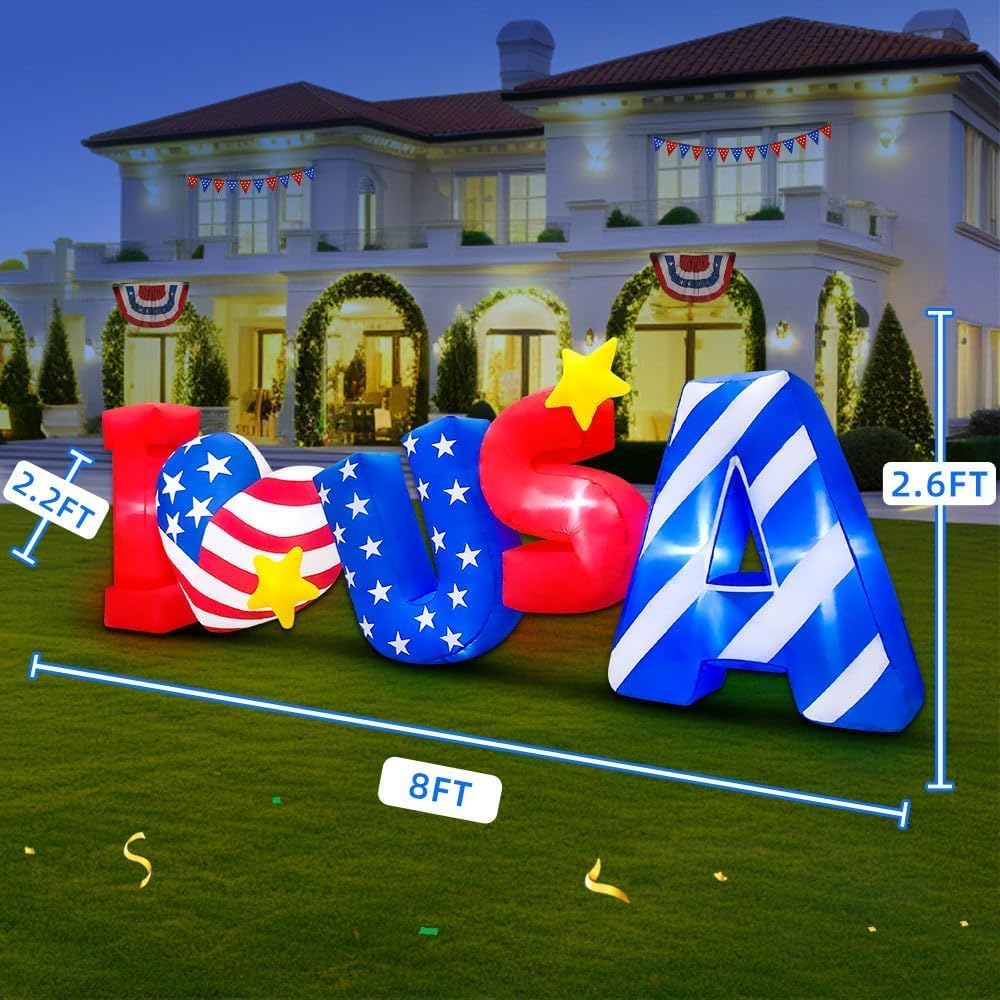 8FT Patriotic Independence Day 4th of July Inflatable Outdoor Decoration, Inflatables ILOVEUSA Decor, Built in LED Lights Blow Up Fourth of July Decor for Holiday Party Garden Yard Lawn