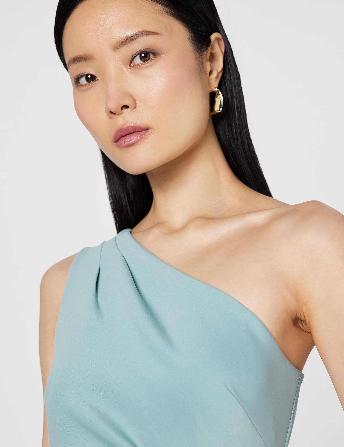 Xscape Women's Floor Length One Shoulder Ruched Waist with Ruffle Bodice Evening Dress with Side Slit, Sage, 8