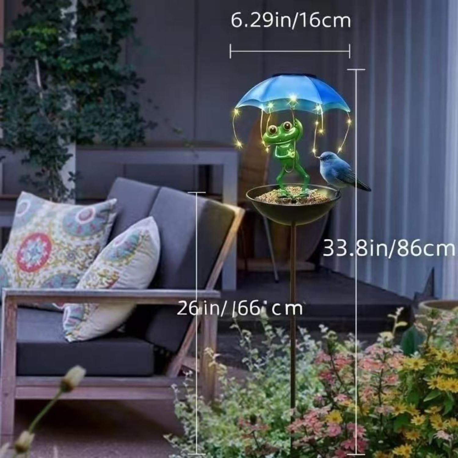 Mangiatoia per uccelli a energia solare con luci a LED, statua decorativa da giardino per esterni, mangiatoia per uccelli selvatici da appendere, in metallo, per cortile, prato, patio, impermeabile