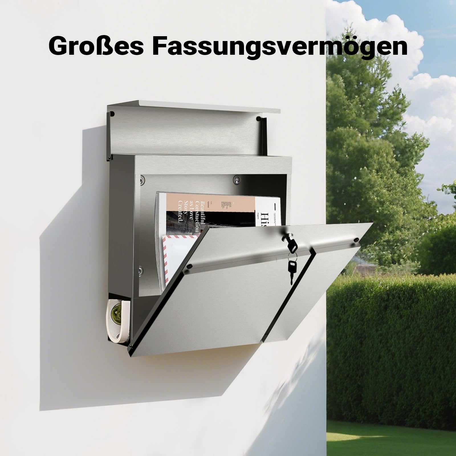 Wiltec Designer Briefkasten V23 Edelstahl 370 x 102 x 370 mm, Wandbriefkasten mit Schloss und Zeitungsrolle, Postkasten aus Stahl