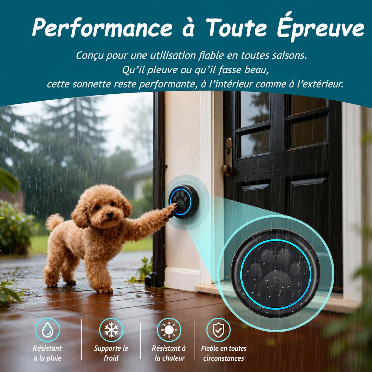 A88 Blk Sonnette Chien Tactile (1 Sonnette et 1 récepteur) | Sonnette sans fil 300 m, LED, 60 mélodies, étanche IP65; bouton sensible pour apprentissage de la propreté